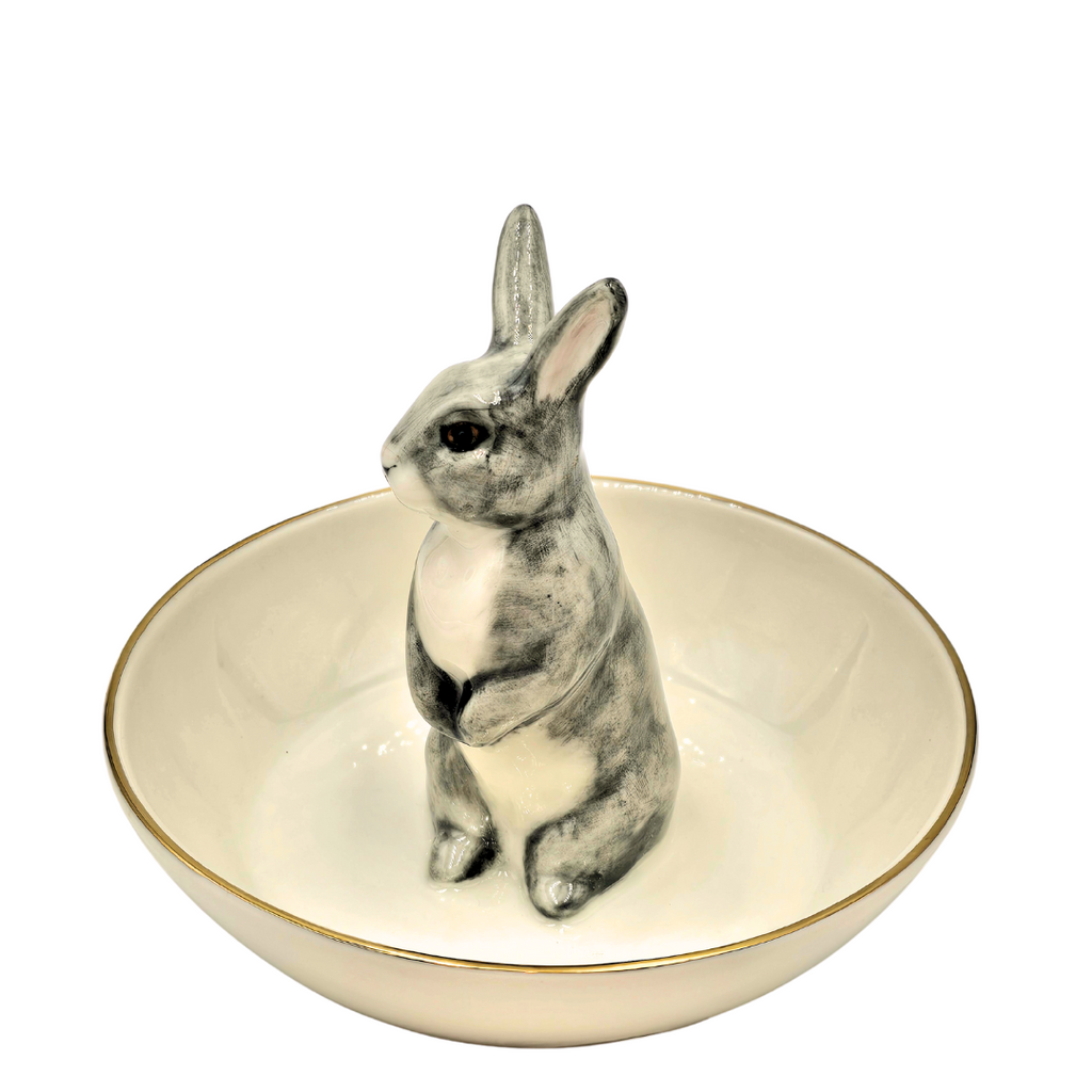 “Rabbit” bowl, grey/white with gold rim