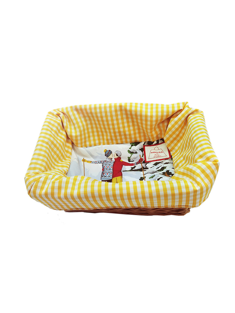 Rectangular wicker basket with skier motif, yellow