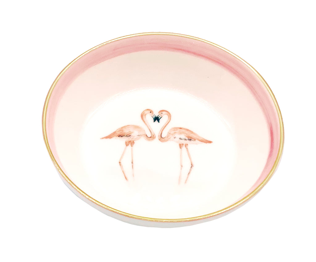 Schale LOVE "Flamingos" mit rosa Farbrand und Goldrand