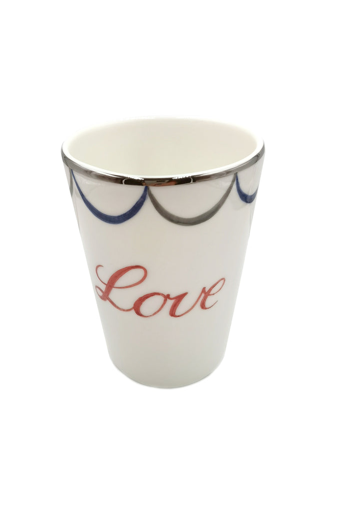 Kaffeebecher "LOVE", rot & blau mit Platinrand