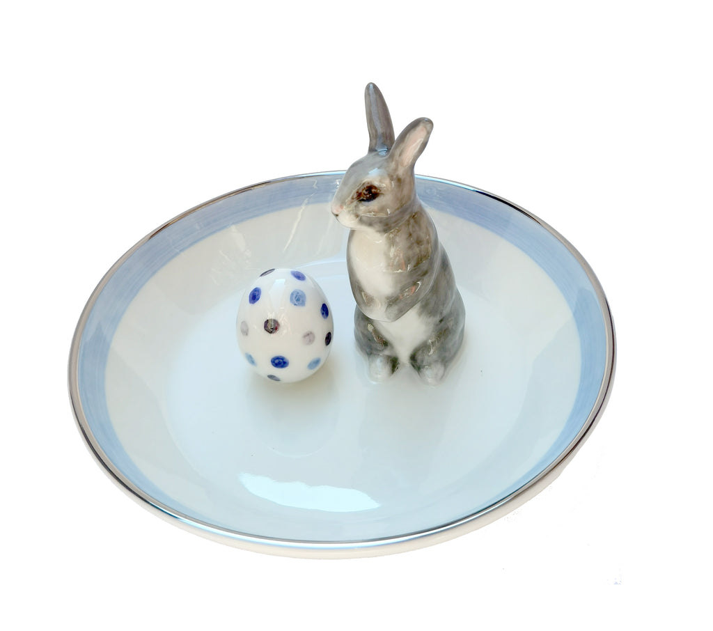 Large bowl "Bunny and Easter Egg", blue with platinum rim