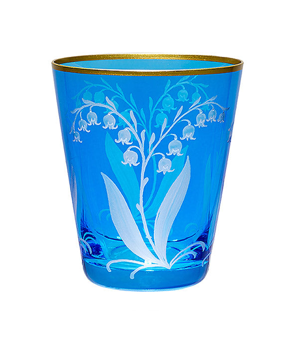 Kleine Vase / Windlicht "Maiglöckchen", blau mit Gold
