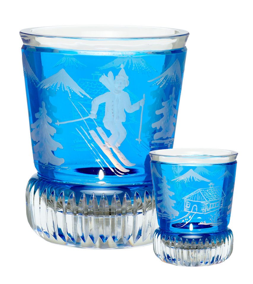 Kleine Vase/Windlicht "Skifahrer", hellblau