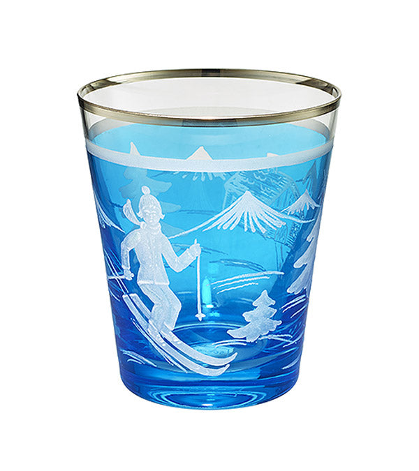 Kleine Vase / Windlicht "Skifahrer", blau mit Platinrand