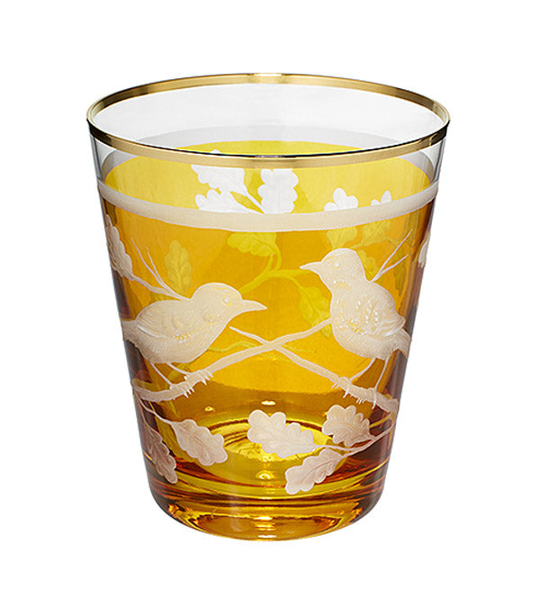 Kleine Vase / Windlicht "Vögel", amber mit Goldrand