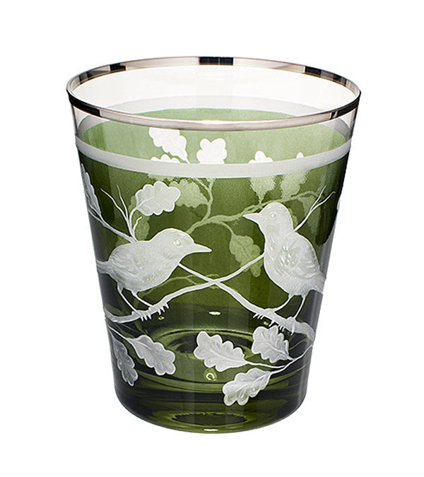 Kleine Vase / Windlicht "Vögel", grün mit Platinrand