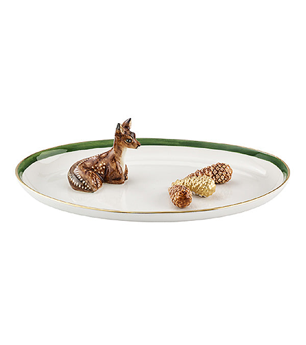 Plate fawn and pine cones, gold rim
